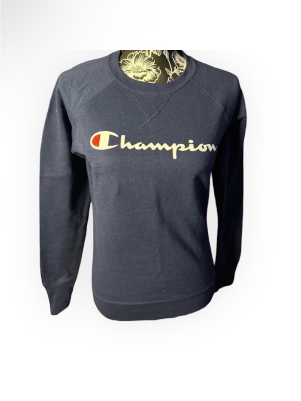 Champion Navy Crewneck Sweatshirt with Cream Script and Red Logo Accent